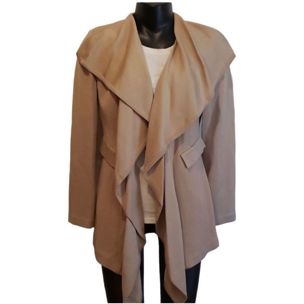 St John Womens Tan Draped Collar Open Front Pockets Coat Jacket Blazer Size 10
